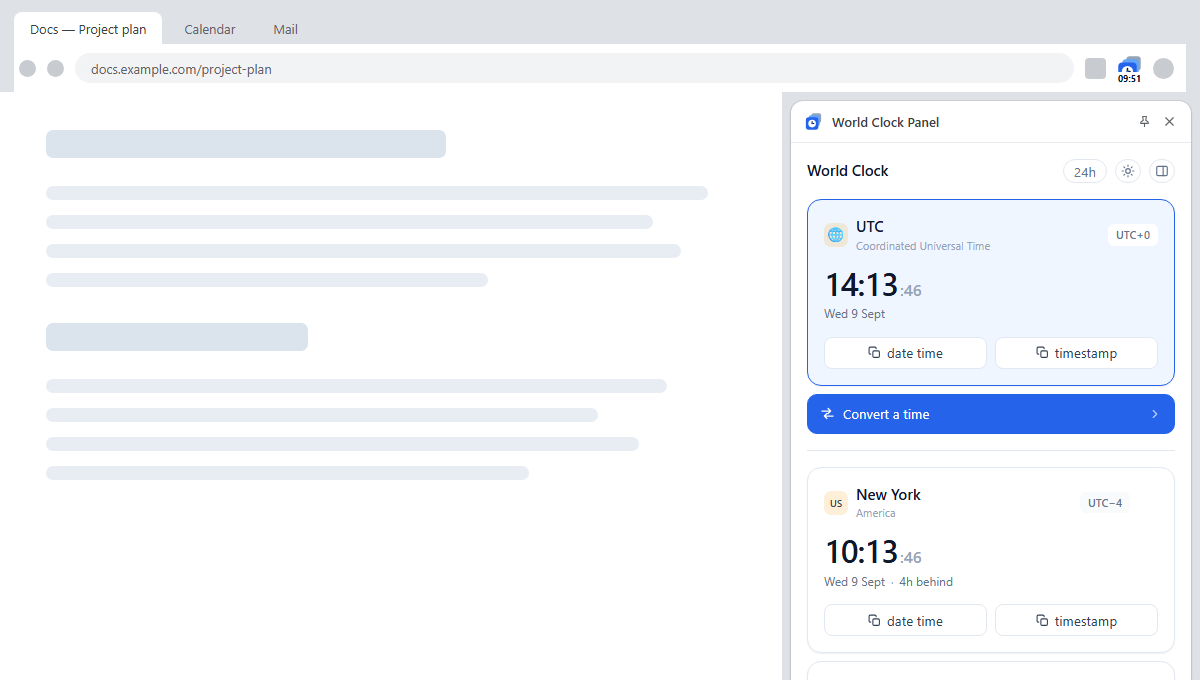 The extension open in Chrome's side panel beside a document, showing UTC and New York clocks